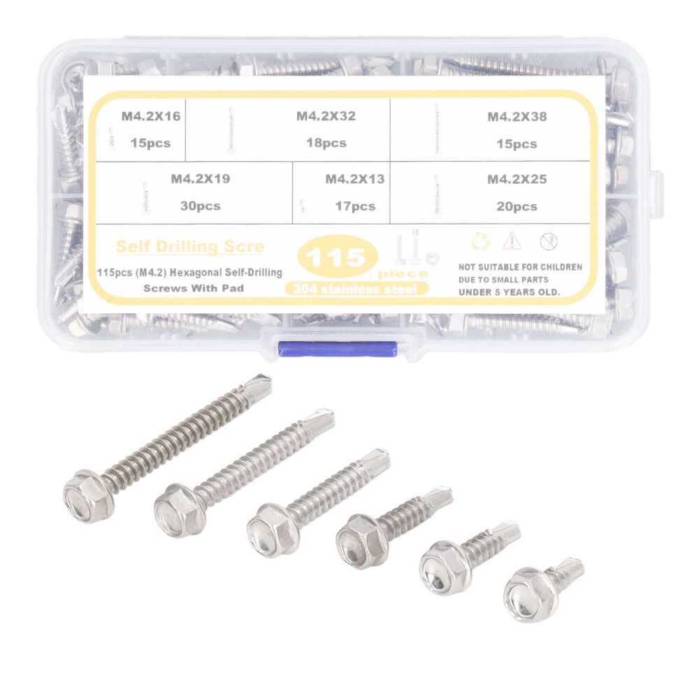 115Pcs M4.2 Hex Self Drilling Screws 304 Stainless Steel With Washer 9481381988261