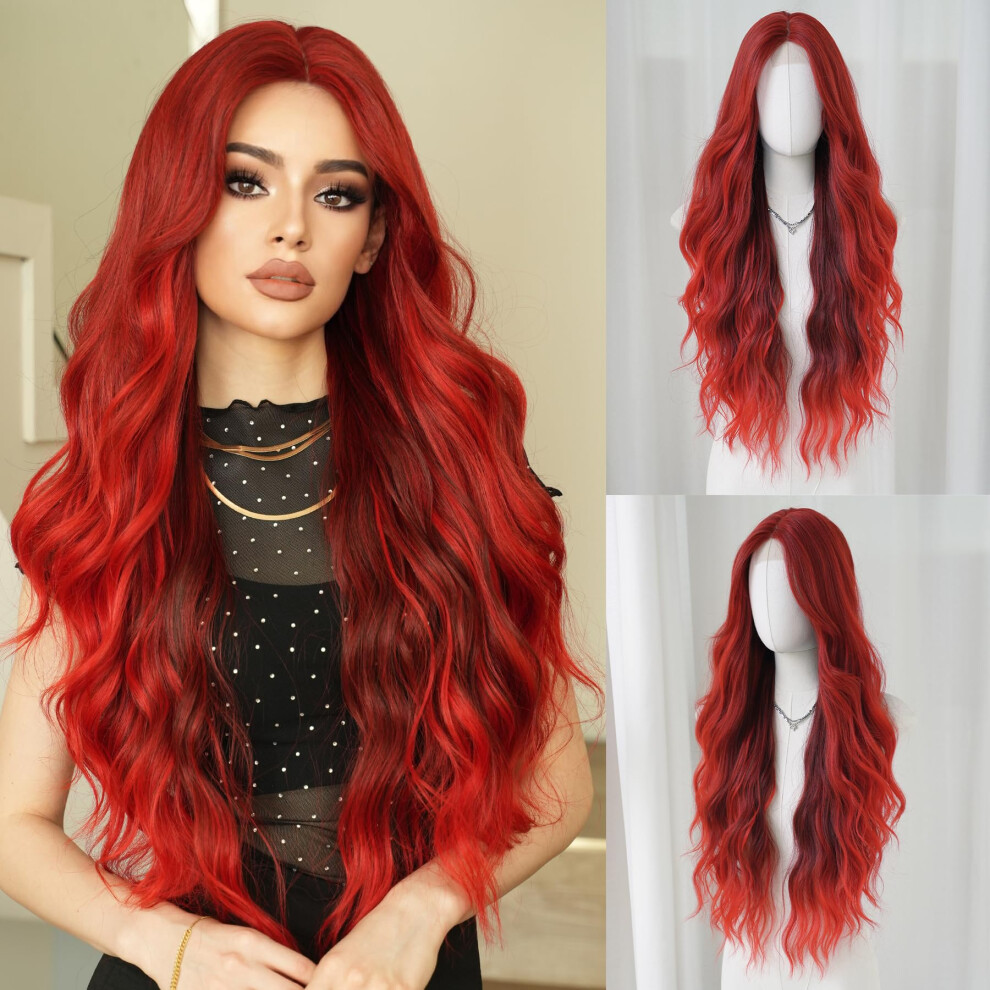 Unisex Red 32 Inch Ombre Lace Front Wig Long Wavy Synthetic 160% Density Natural Hairline For Women