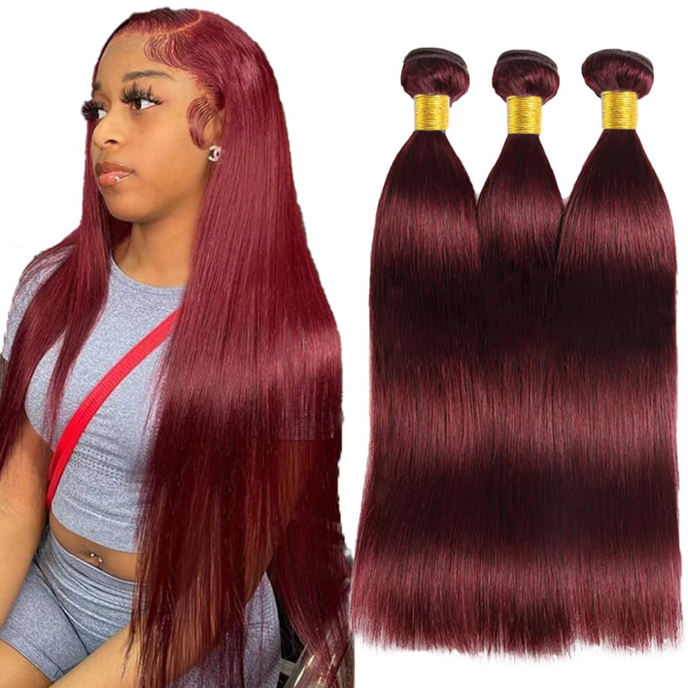 34 Inch 99J Burgundy Straight Human Hair Bundles Brazilian Virgin Extensions Full Volume