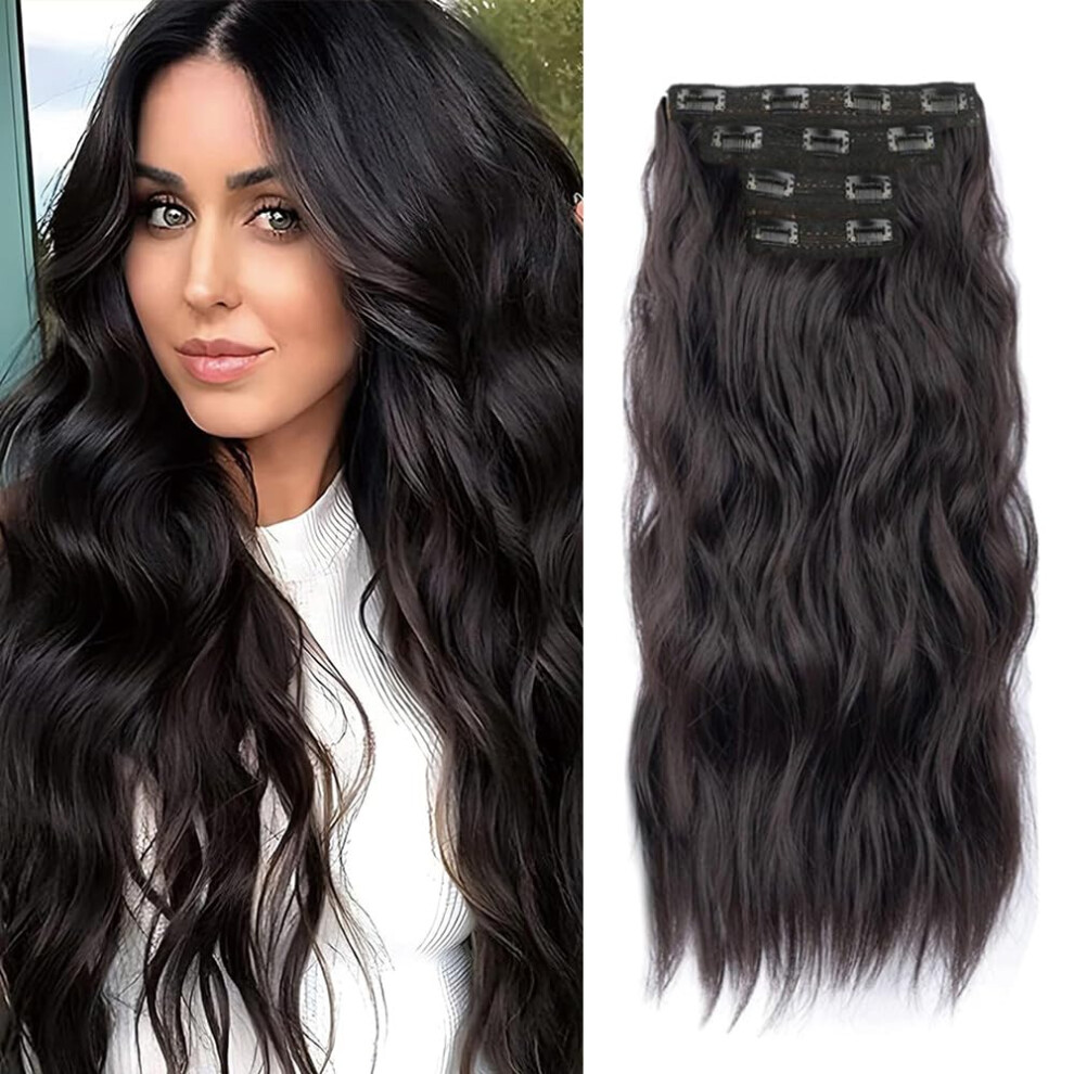 Unisex Brown 20 Inch Wavy Clip In Hair Extensions Dark Synthetic Double Weft For Women Instant Volume