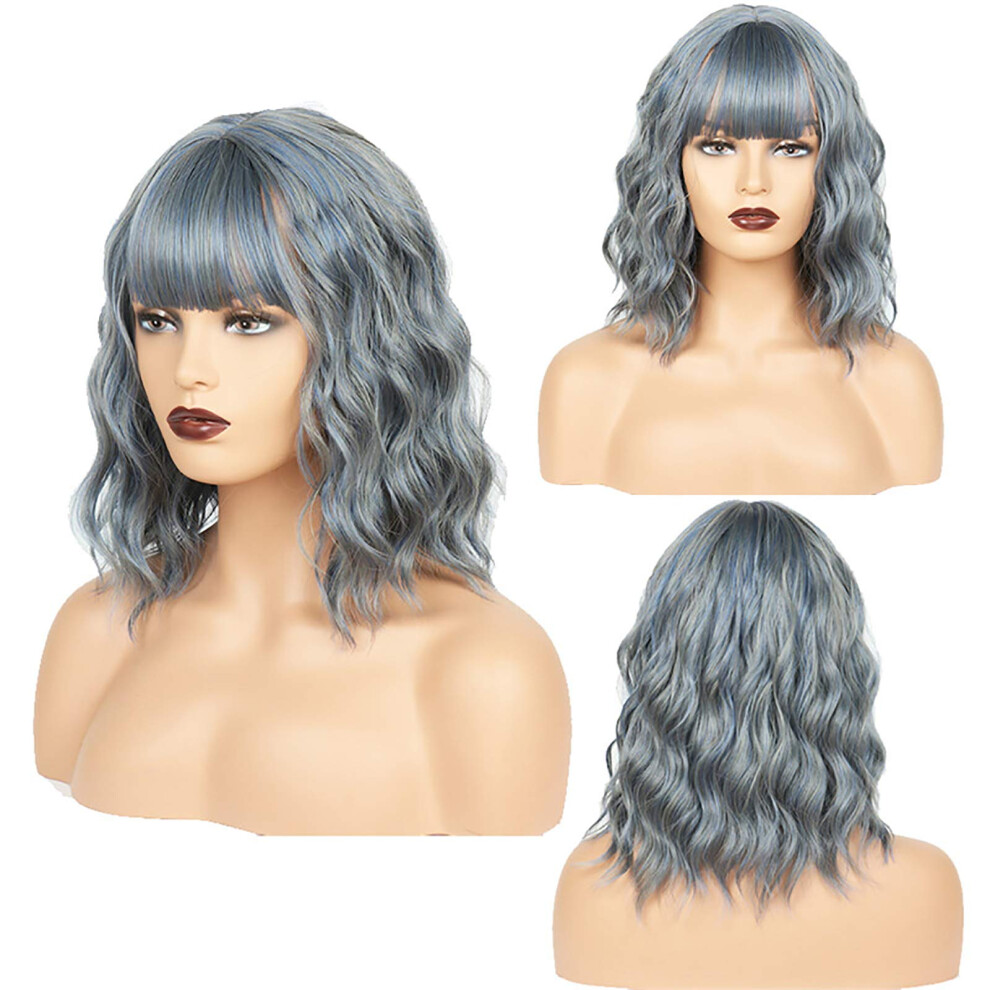 Unisex Wavy Bob Wig With Bangs For Women 14Inch Short Curly Synthetic Heat Resistant Natural Hair