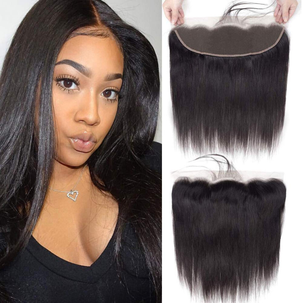 13x4 Brazilian Straight Lace Frontal Closure with Baby Hair 130% Density Natural Black Human Hair