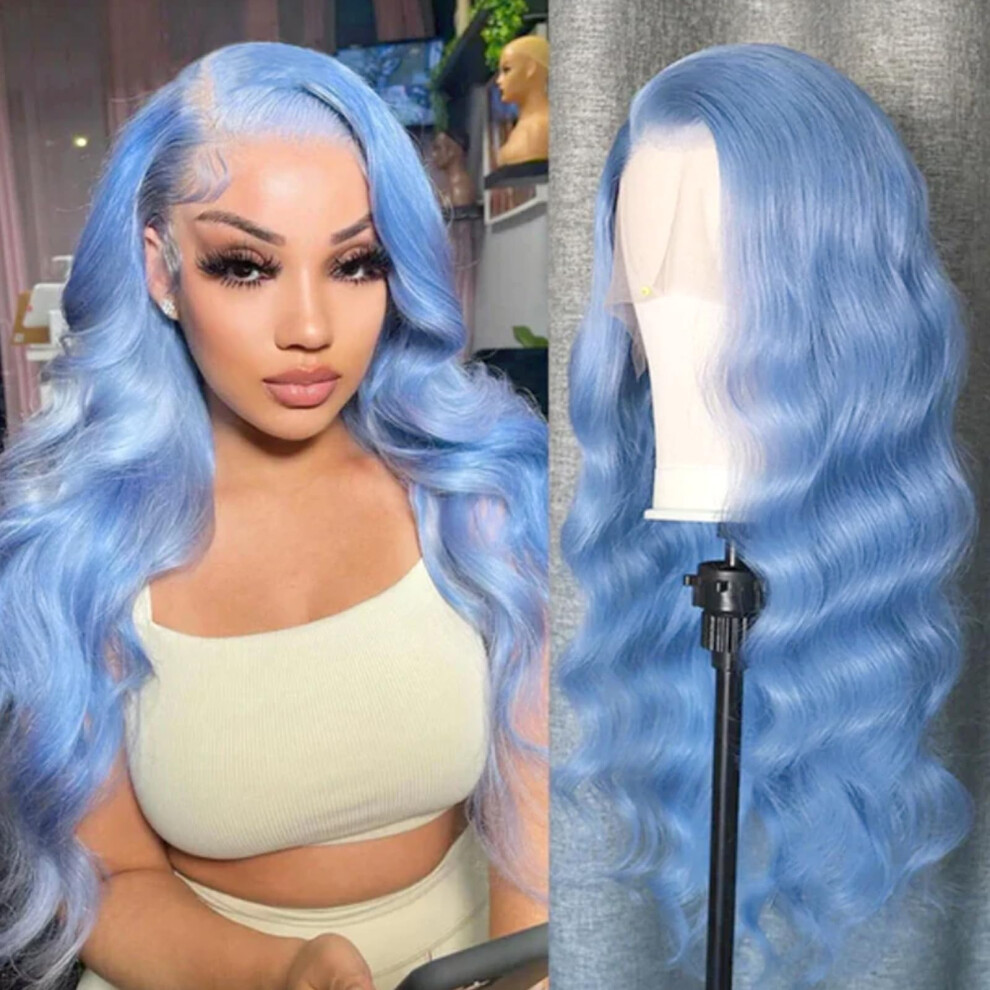 Unisex Blue 24 Inch Lake Lace Front Wig Body Wave Hd Invisible Hairline Pre Plucked Glueless