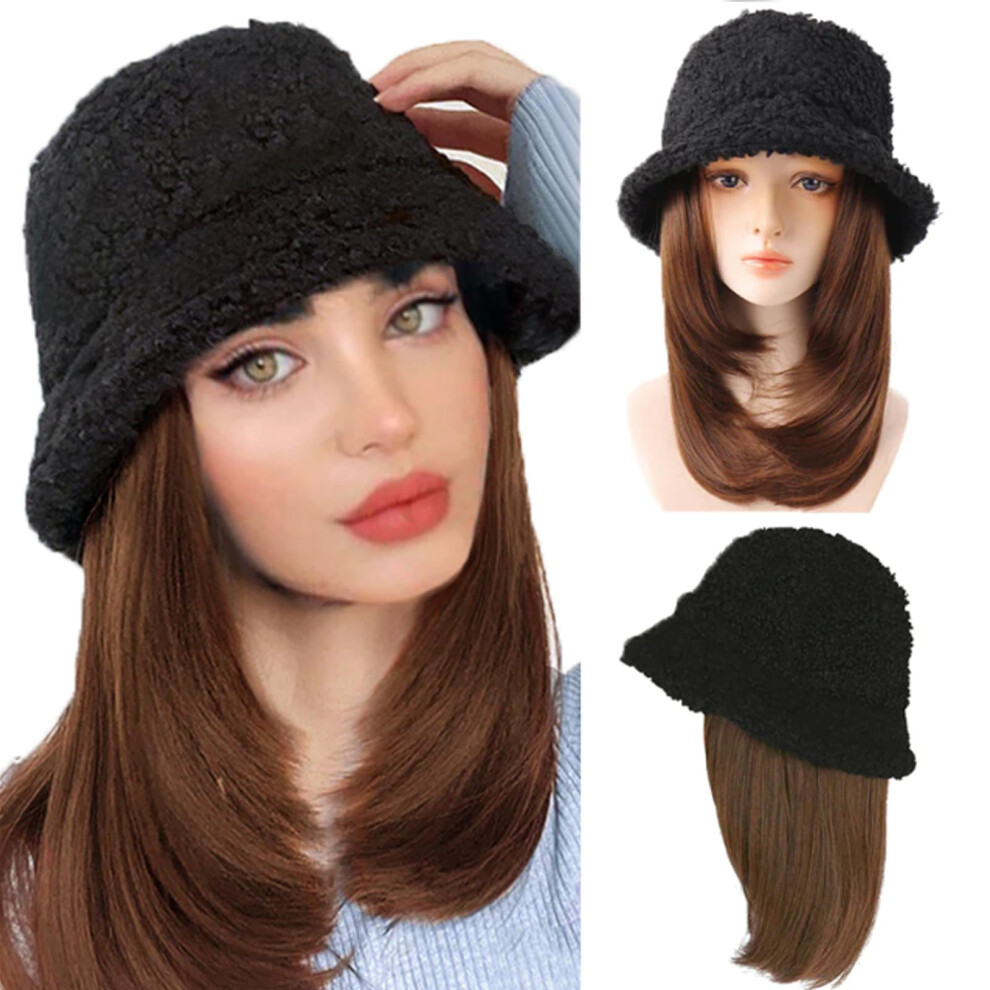 Winter Fisherman Hat with Hair Curly Wavy Straight Hairpiece Cosplay Wig Hat Women Lambs Wool Bucket Cap with wig