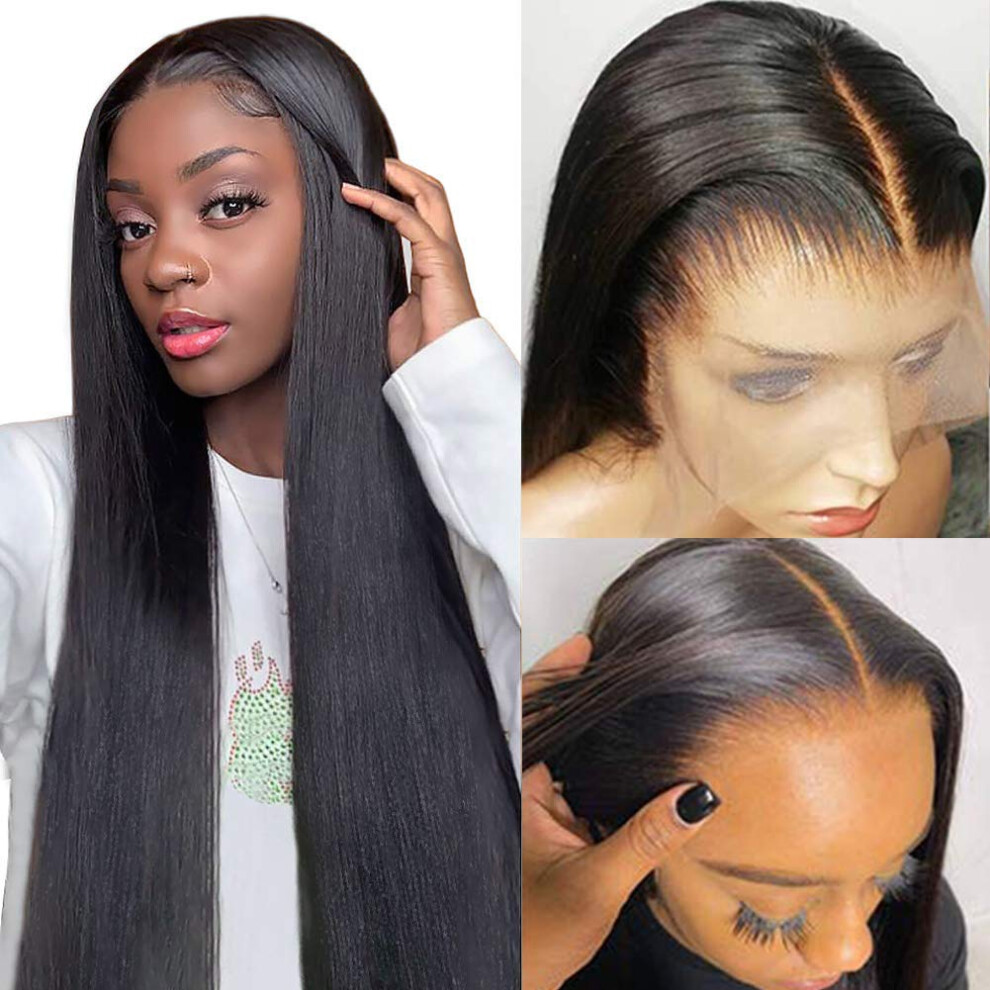 Unisex 24 Inch Brazilian Straight Human Hair Lace Front Wig 13X6x1 T Part Pre Plucked With Baby Hair Natural Hairline