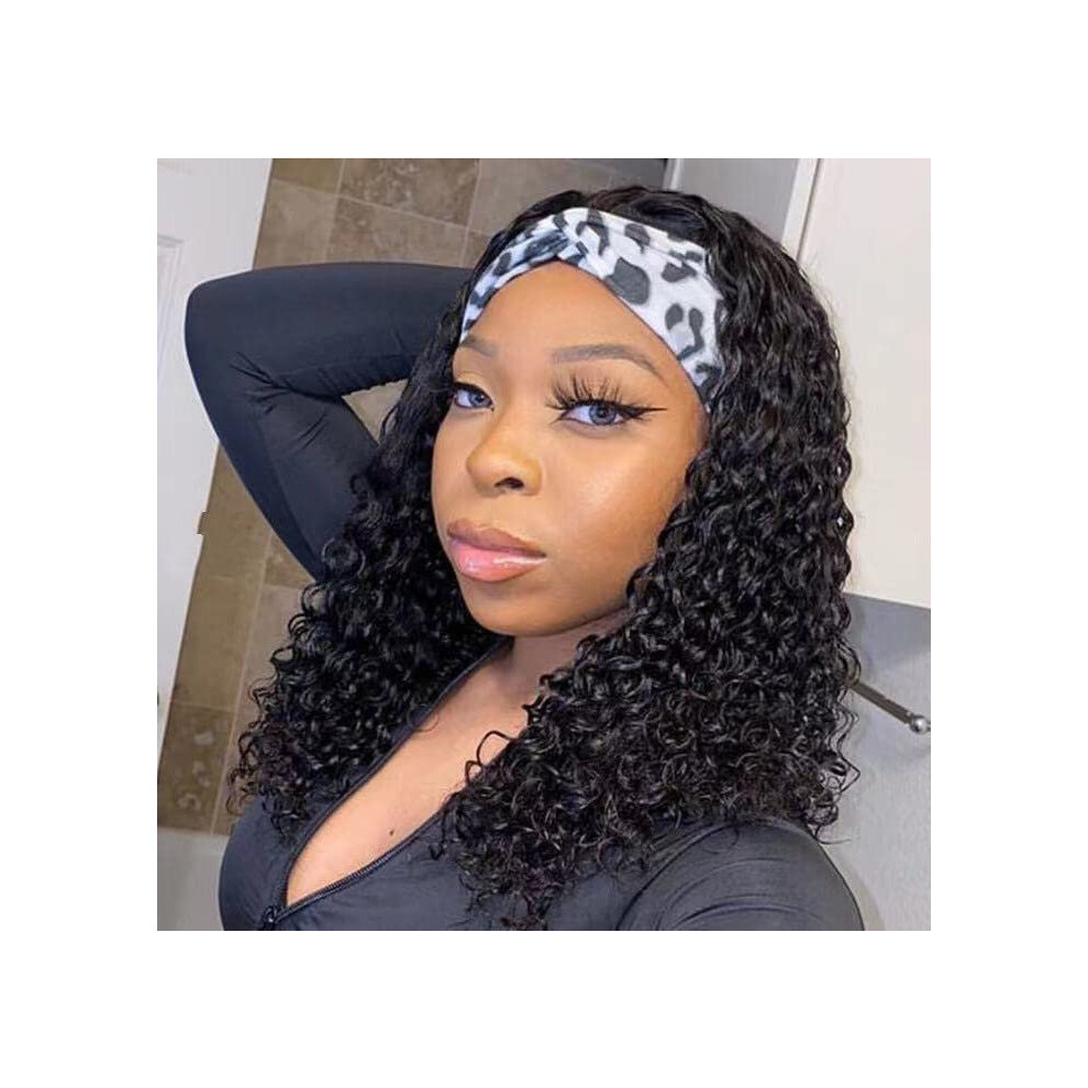 Unisex Black 16 Inch Curly Human Hair Headband Wig For Women, Glueless Kinky Curly Natural