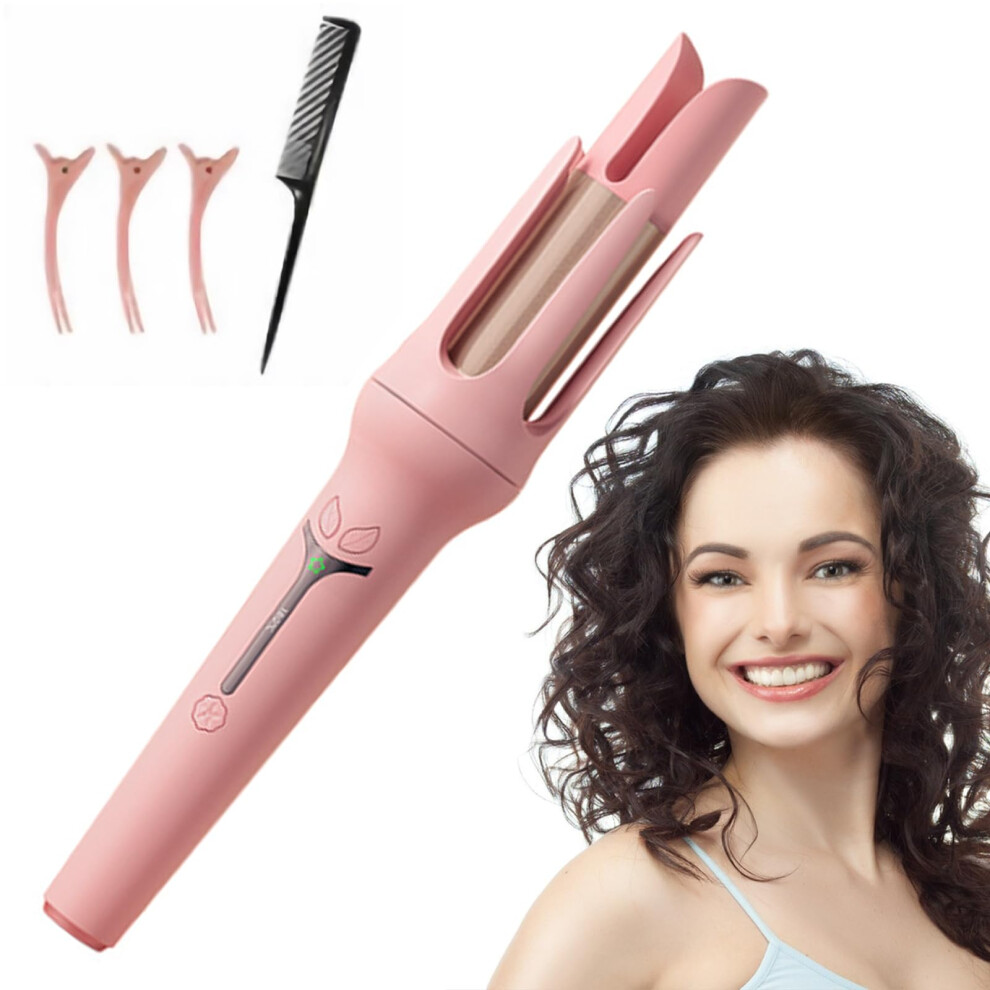 Pink Automatic Curling Iron With Onetouch Rotation, Antitangle Tourmaline Ceramic Wand,