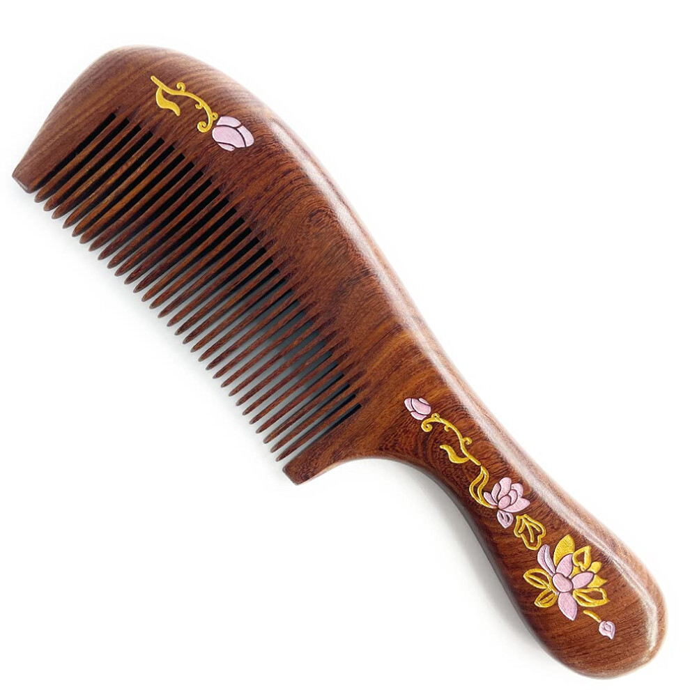 Wooden Hair Comb with Handle, Handmade Fine Tooth Sandalwood Comb for All Hair Types, No Static