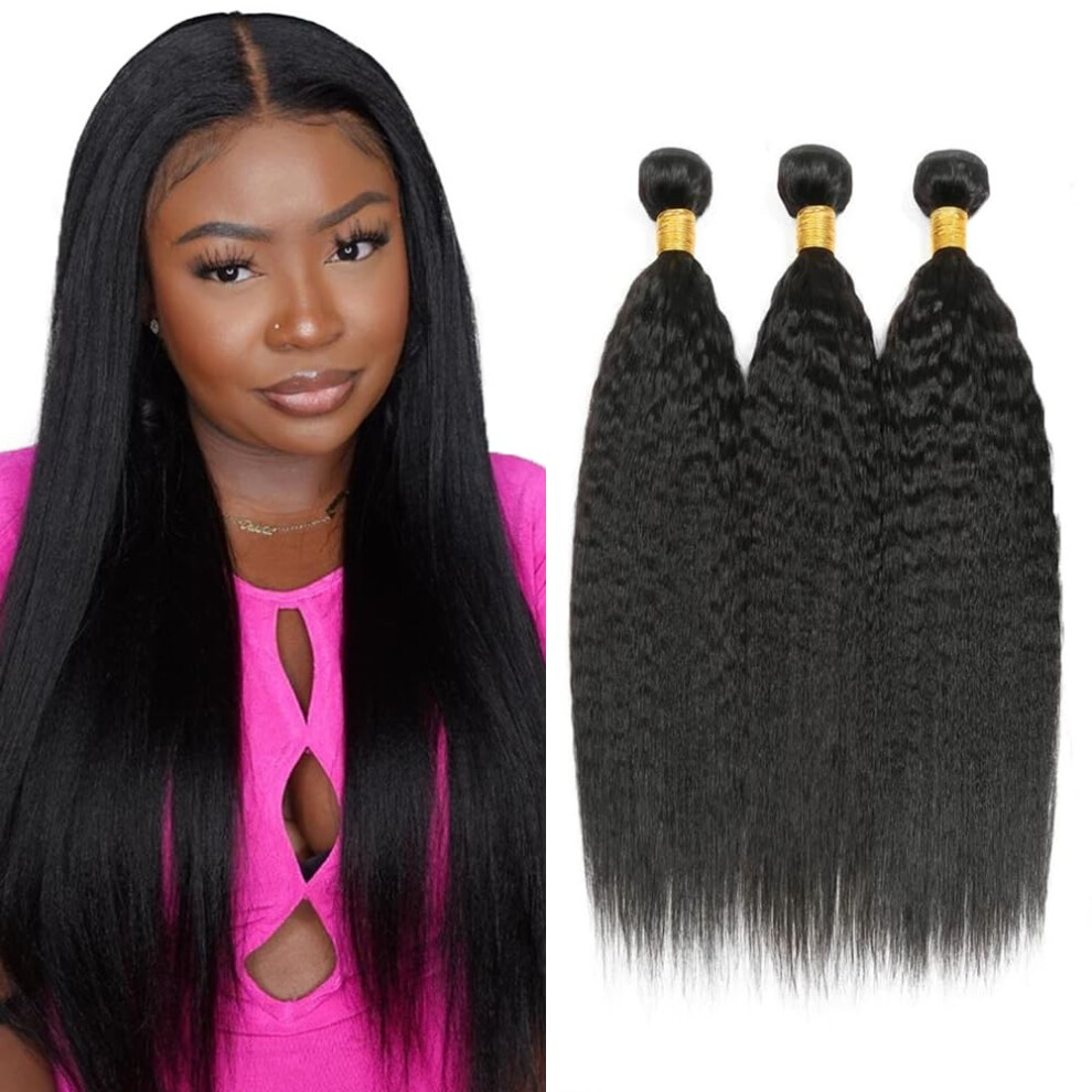 Unisex Kinky Straight Human Hair Bundles 24 26 28 Inch Yaki Weave Double Weft Color 1B Natural Texture