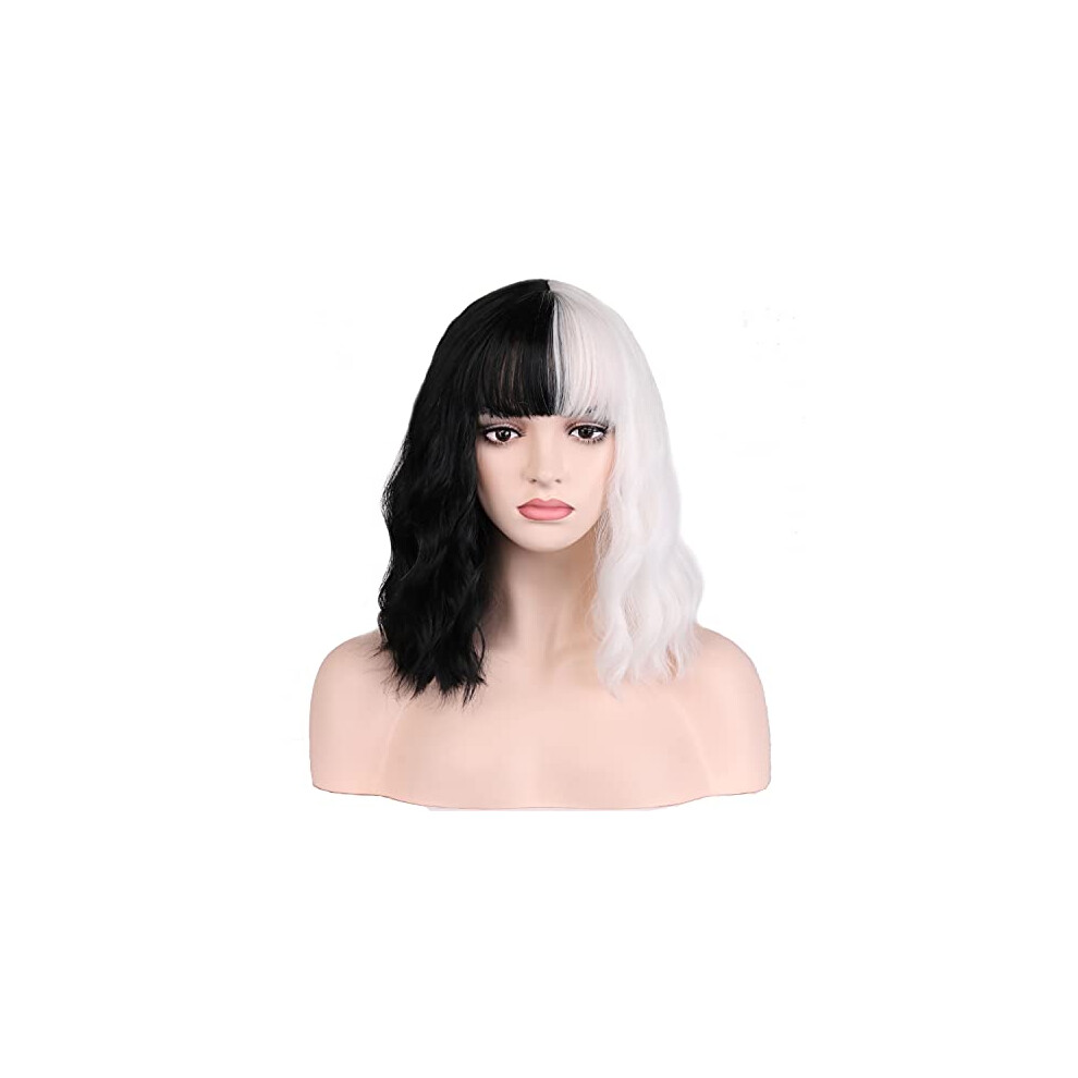 Unisex White,Black Short Curly Black And White Wig With Bangs, Natural Look Heat Resistant Synthetic Cosplay Wig For Women
