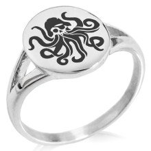 Anillo de sello minimalista ovalado pulido con forma de calavera pirata y pulpo Kraken de acero inoxidable.