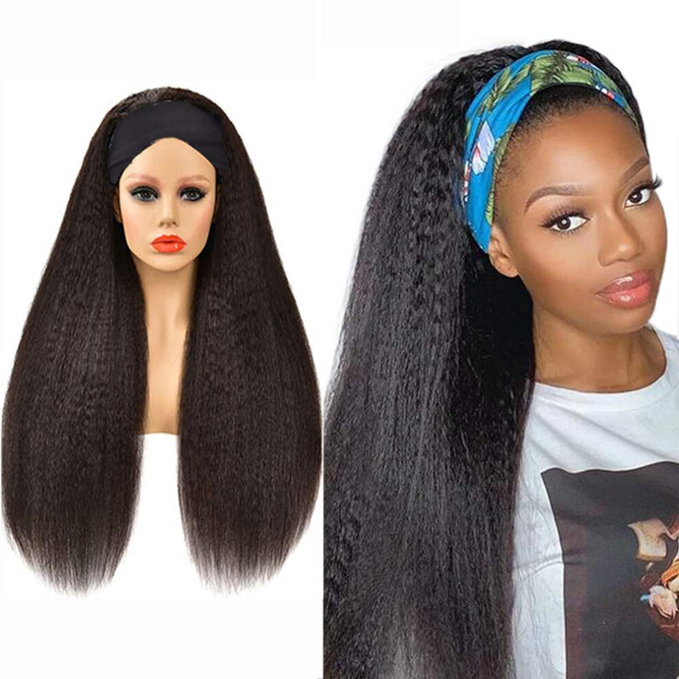 Unisex Black Headband Wig Kinky Straight Brazilian Virgin Human Hair 20 Inch Glueless For Women
