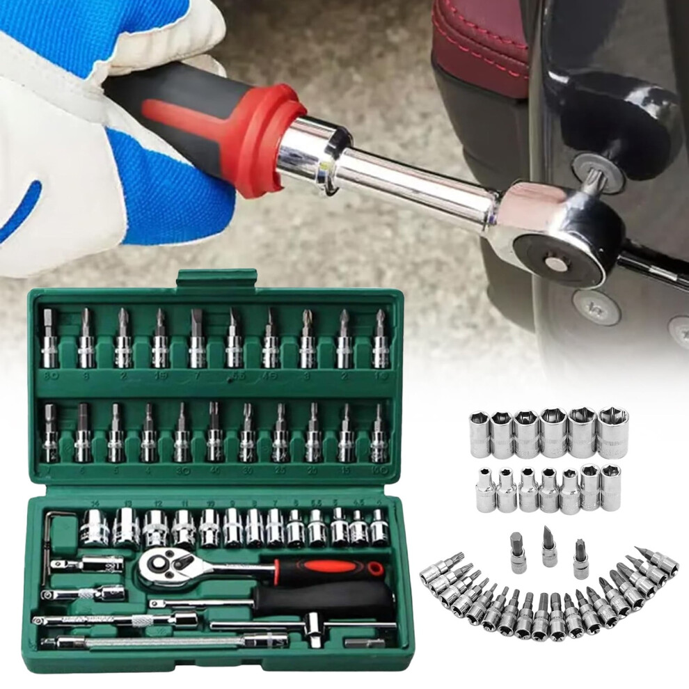 Cordless Electric Slim Ratchet Set, 3/8 Drive Rechargeable Power Wrench Kit With 46-Piece 1/4-Inch Tools, Compatible With Standard Sockets 9499224567955