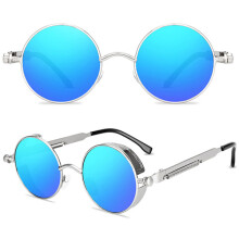 Óculos de Sol Redondos Estilo Ozzy Hippie com Armação Prateada e Lentes Azuis