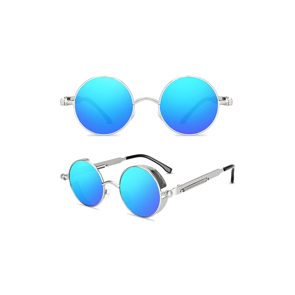 Round Sunglasses Fashion Circle Ozzy Hippie Glasses Silver Frame Blue Lenses