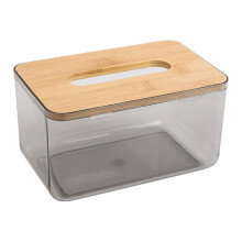 Eenvoudige plastic tissuebox, decoratieve transparante tissuehouder, tissue-opbergdoos met bamboe deksel voor in de auto of thuis.