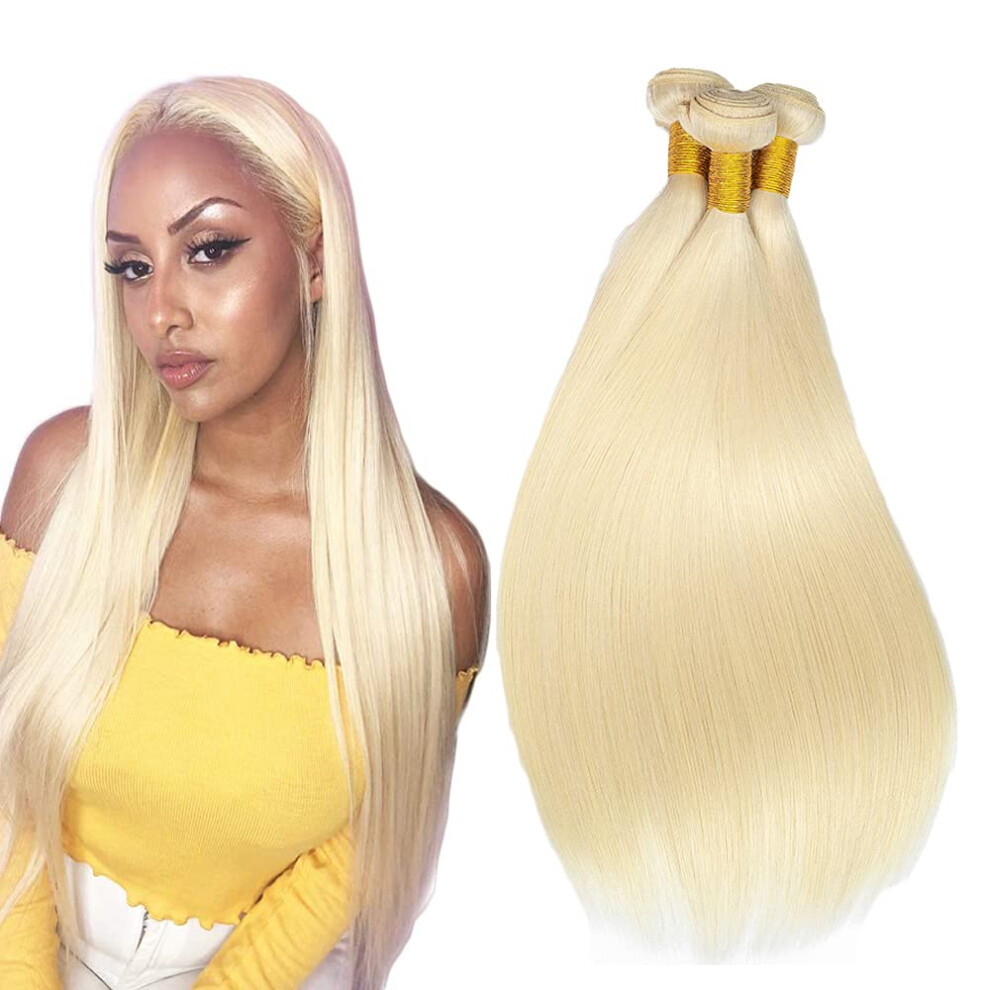 Unisex 613 Blonde Brazilian Virgin Hair Bundles 16 Inch Straight Unprocessed Human Hair Weave 3Pcs