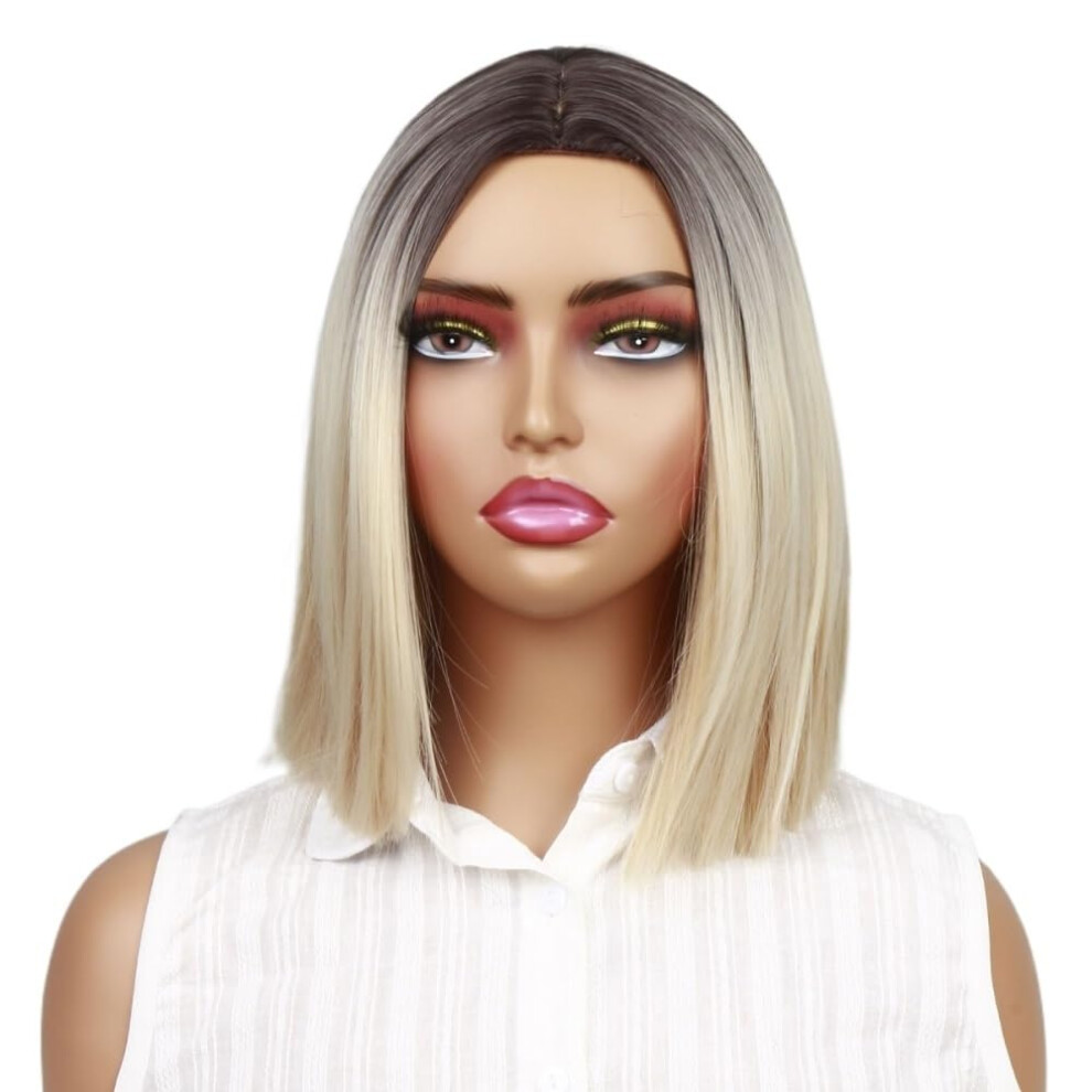 Platinum Gradient White Gold Synthetic Wig for Women Short Straight Heat Resistant with Lace Hairline