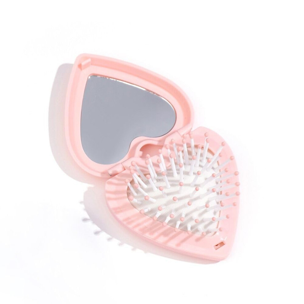 Mini Hair Brush with BuiltIn Mirror, Heart Shaped Folding Travel Comb for Purse, Pink