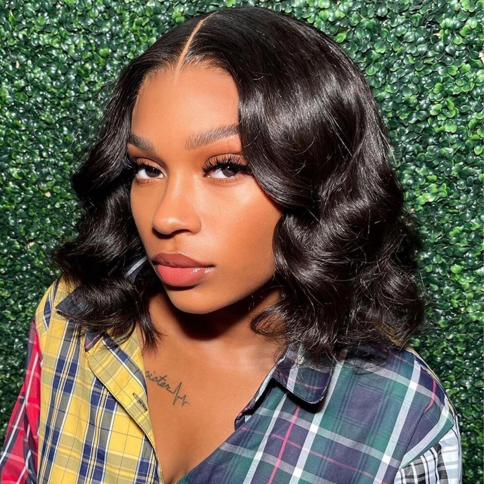 U Part Human Hair Wig Body Wave Brazilian Virgin Hair Glueless ClipIn 12 Inch Natural Black 180% Density