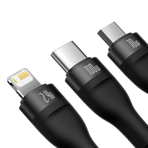 Cabo Baseus3in1USB-A para USB-C Lightning microUSB 100W 1,2m Preto