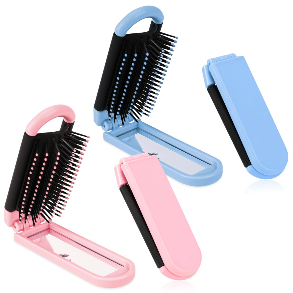 Unisex Silver/Blue 2 Pcs Travel Hair Brush Set With Builtin Mirror, Foldable Compact Detangling Comb For Purse And Travel