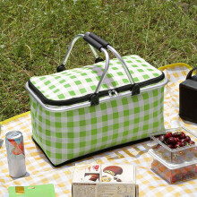 Kdkad Picnic Basket, Collapsible Shopping Basket with Lid, Large Reusable Folding Grocery Basket, Insulated Cooler Bag Compatible with Picnic Travel