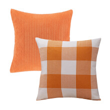 Soft Corduroy & Velvet Throw Pillow Set, 18"x18", Orange Striped & Plaid, Farmhouse Style, for Sofa Couch Bedroom
