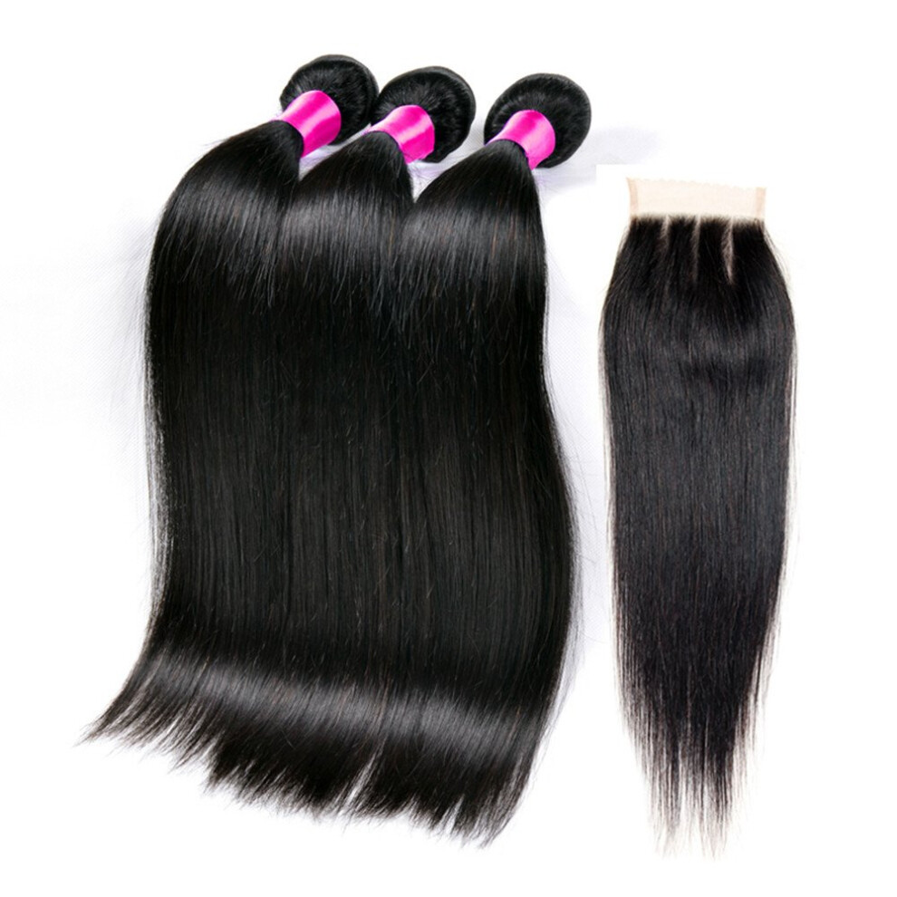 Peruvian Virgin Hair Bundles with Closure Straight 8A Grade Human Hair Extensions 12 14 16 with 8