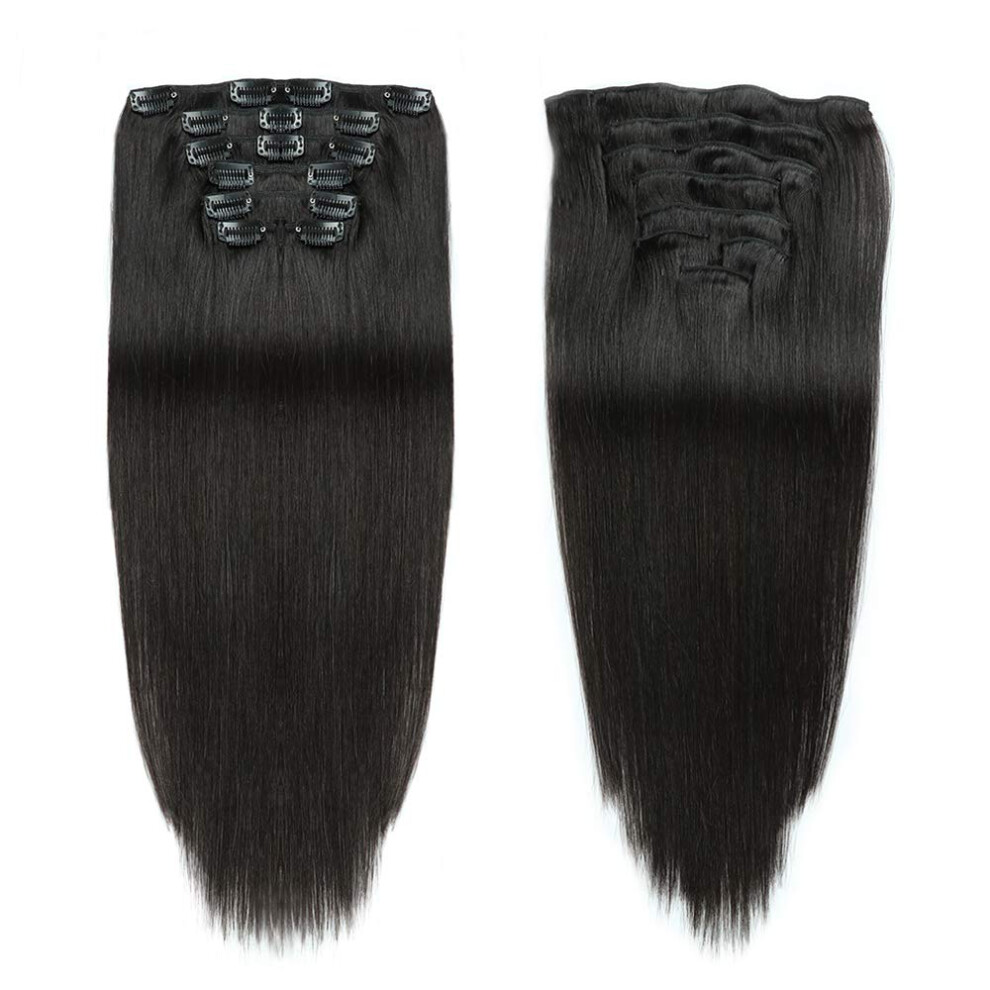 Unisex Black 20 Inch #1B Double Weft Clip In Human Hair Extensions Full Head Silky Straight Remy
