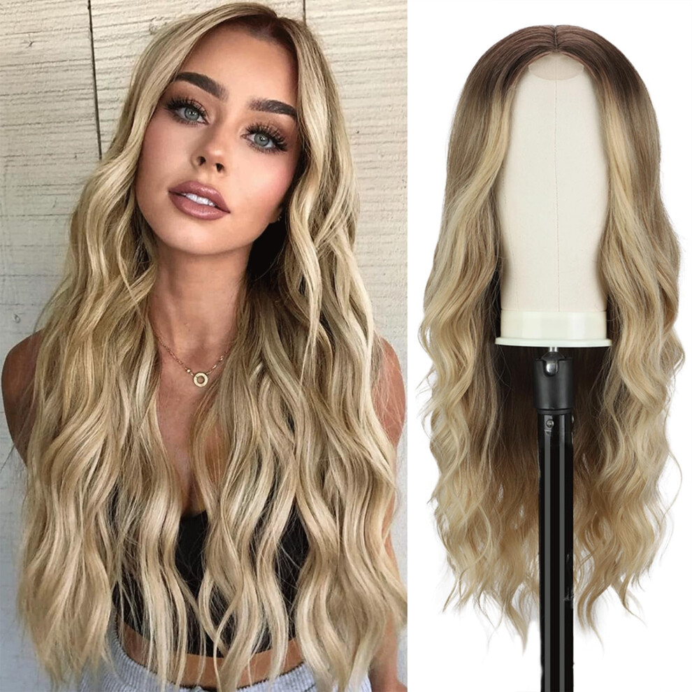 Unisex 26 Inch Blonde Curly Wig For Women Natural Hairline Heat Resistant Synthetic Long Wavy Hair