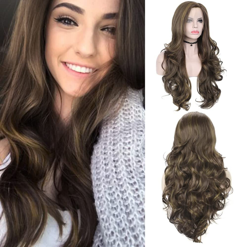 Unisex Brown Long Wavy Lace Front Wig Honey Blonde Synthetic Heat Resistant Natural Hairline