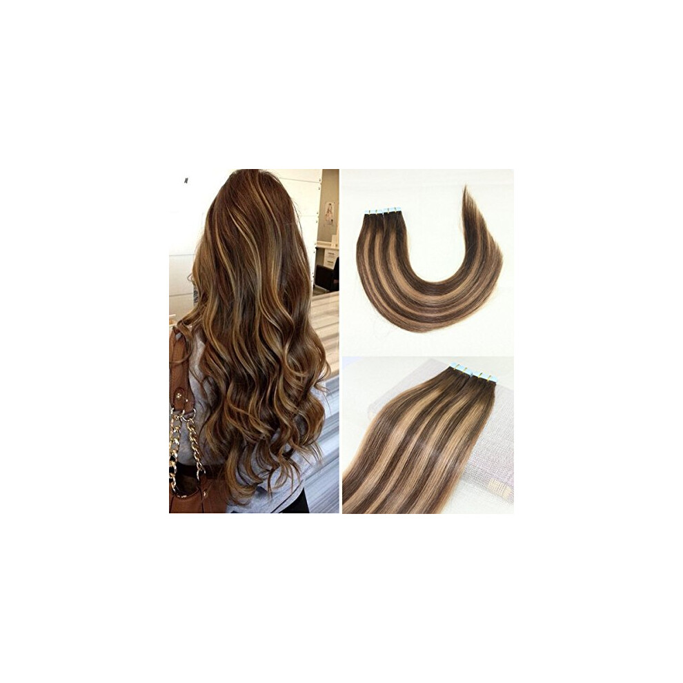 Unisex Brown Tape In Human Hair Extensions 18 Inch Remy Dark Chocolate To Honey Blonde Balayage Ombre
