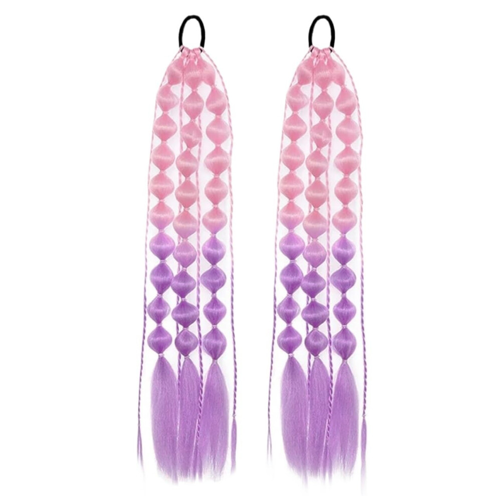 Unisex Pink,Purple Light Pink Purple Braided Ponytail Extension With Bubble Braid Design Synthetic Hairpiece