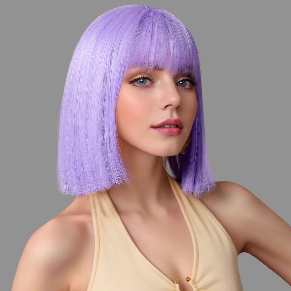 Unisex Purple Bob Wig With Bangs 12 Inch Short Straight Lavender Synthetic Hair For Women Natural Looking