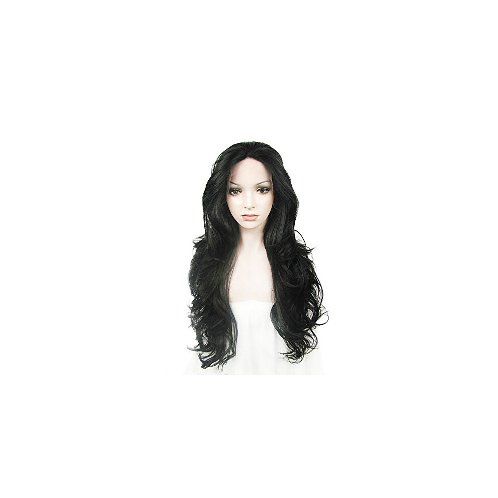 Unisex Black 26 Inch Lace Front Wig Long Wavy Synthetic Density Natural Hairline