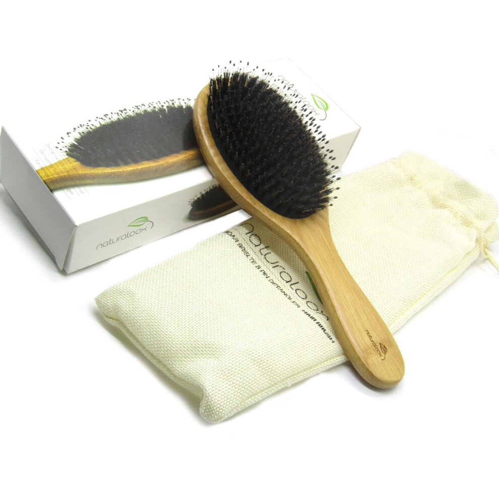 Boar Bristle and Nylon Pin Bamboo Hair Brush for Frizz Reduction, Scalp Massage, All Hair Types