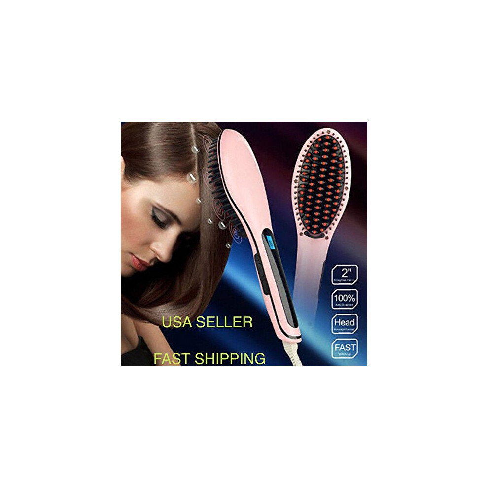 Pink Hair Straightener Brush With Ceramic Ionic Technology, Fast Heat Up, Anti Scald, Dual Voltage,