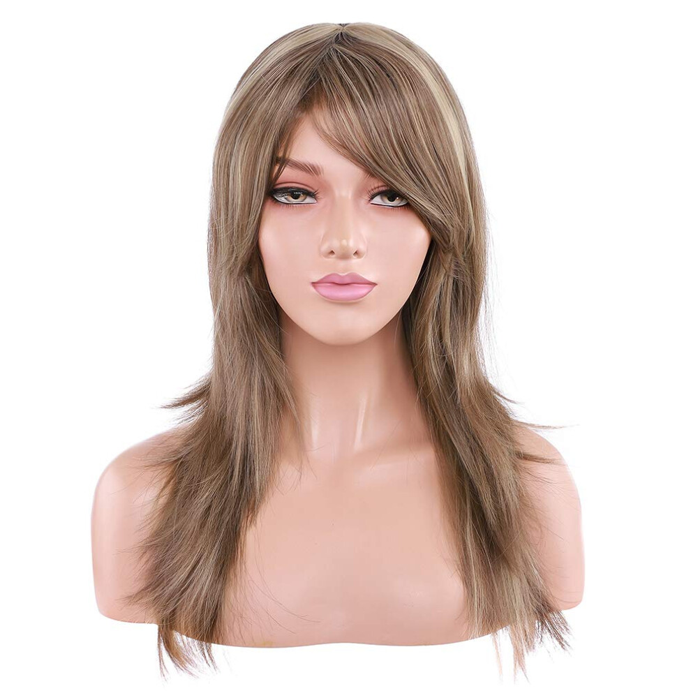 Unisex Brown Long Layered Wavy Synthetic Wig With Bangs And Blonde Highlights Heat Resistant For Women
