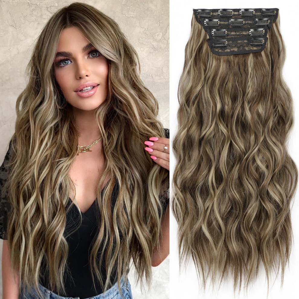 Unisex 20 Inch Long Wavy Clip In Hair Extensions Synthetic Honey Latte Double Weft Hairpieces For Women