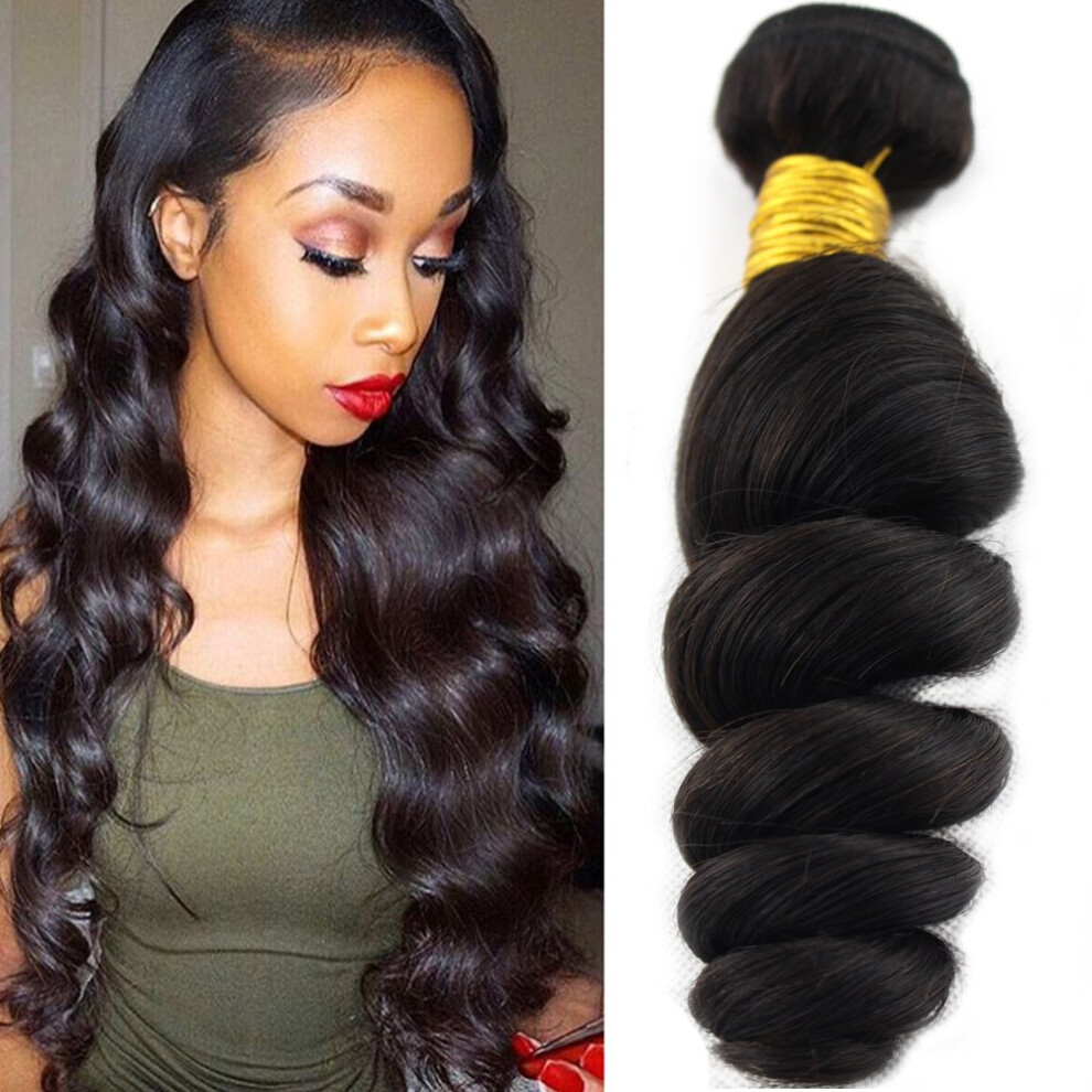 Unisex Black Brazilian Loose Wave Hair Extensions Virgin Remy Human Hair Bundles Natural 16 Inch