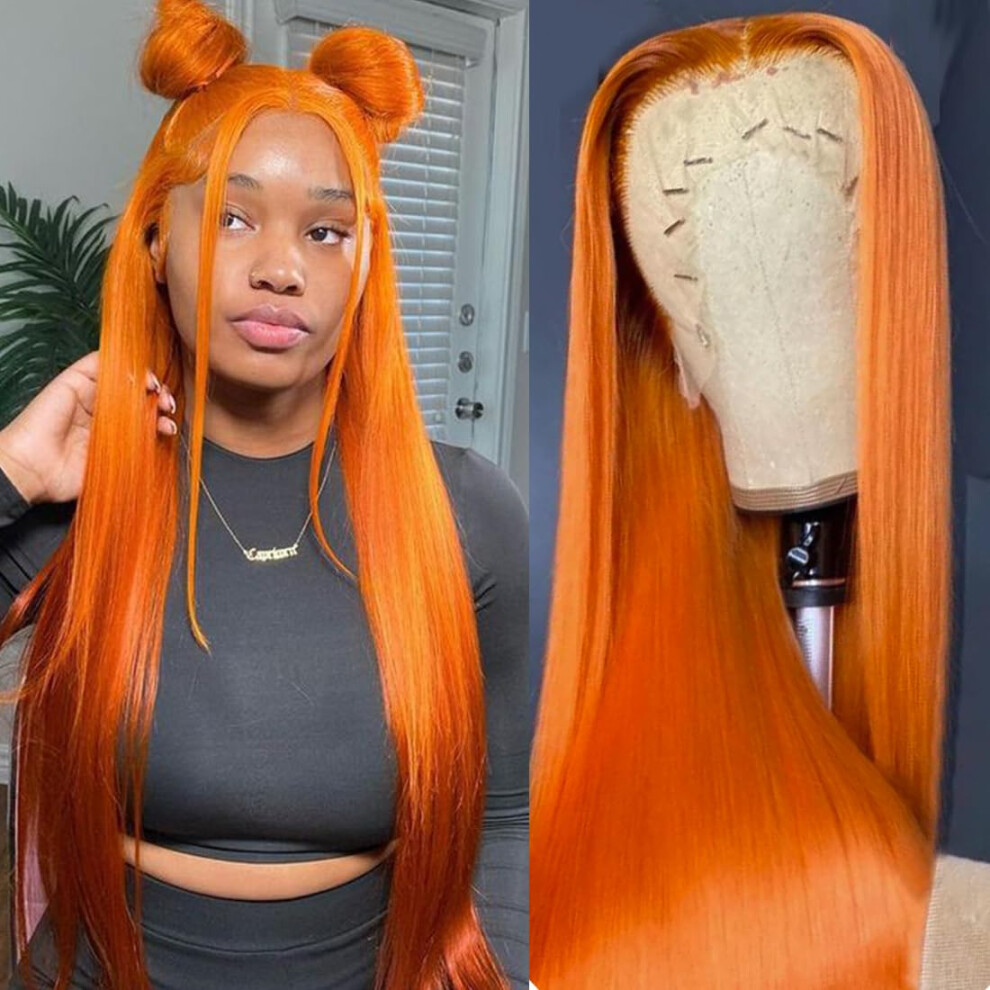 Ginger Orange Lace Front Wig 24 Inch Straight Heat Resistant Synthetic Fiber Preplucked Hairline