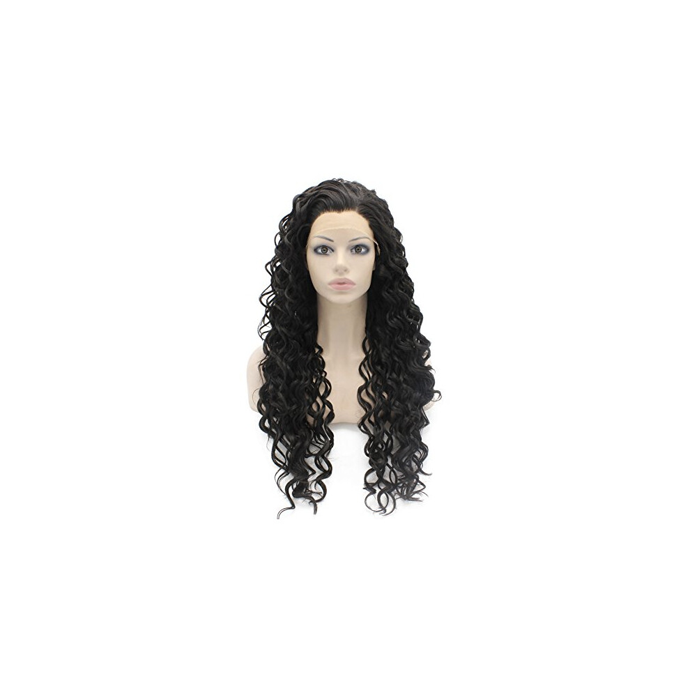 Long Curly Lace Front Synthetic Wig Black with Natural Hairline and Full Volume Curls for Women