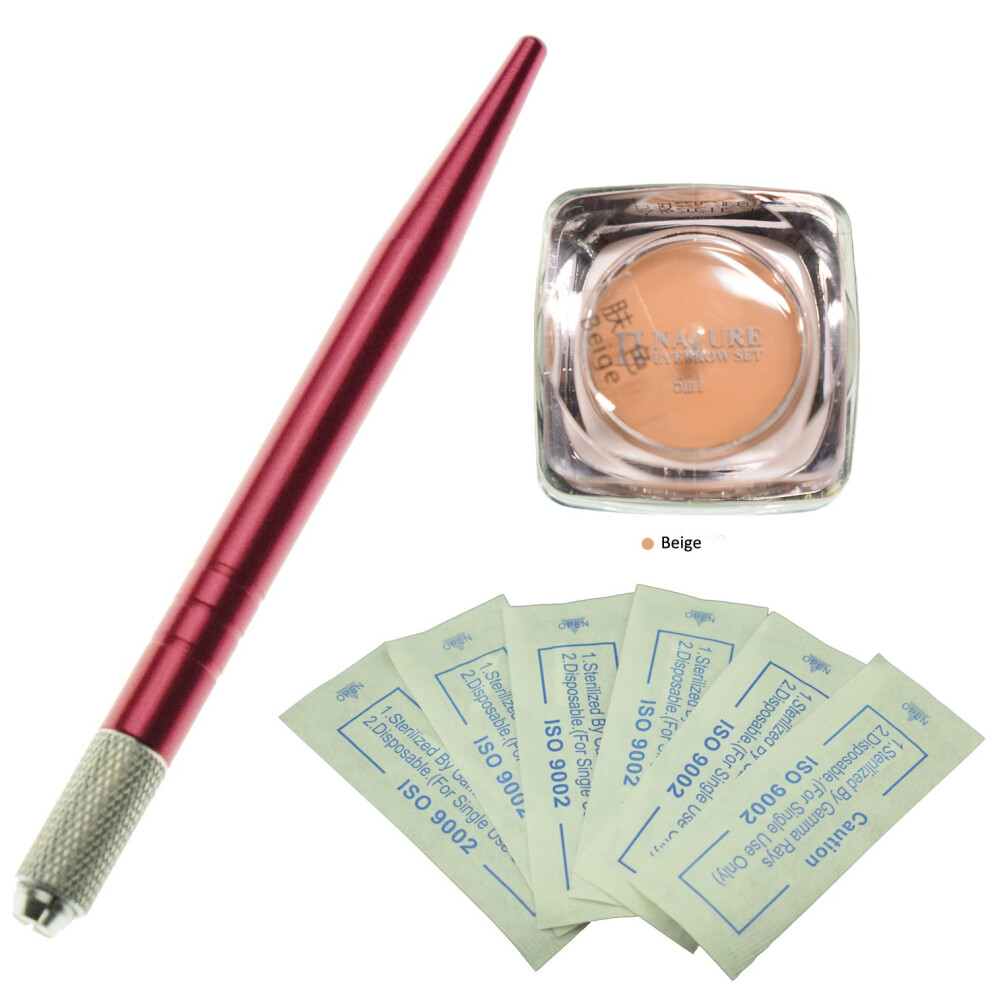 Beige Professional Eyebrow Microblading Kit With Manual Tattoo Pen, 10 Needles And Organic Pigment