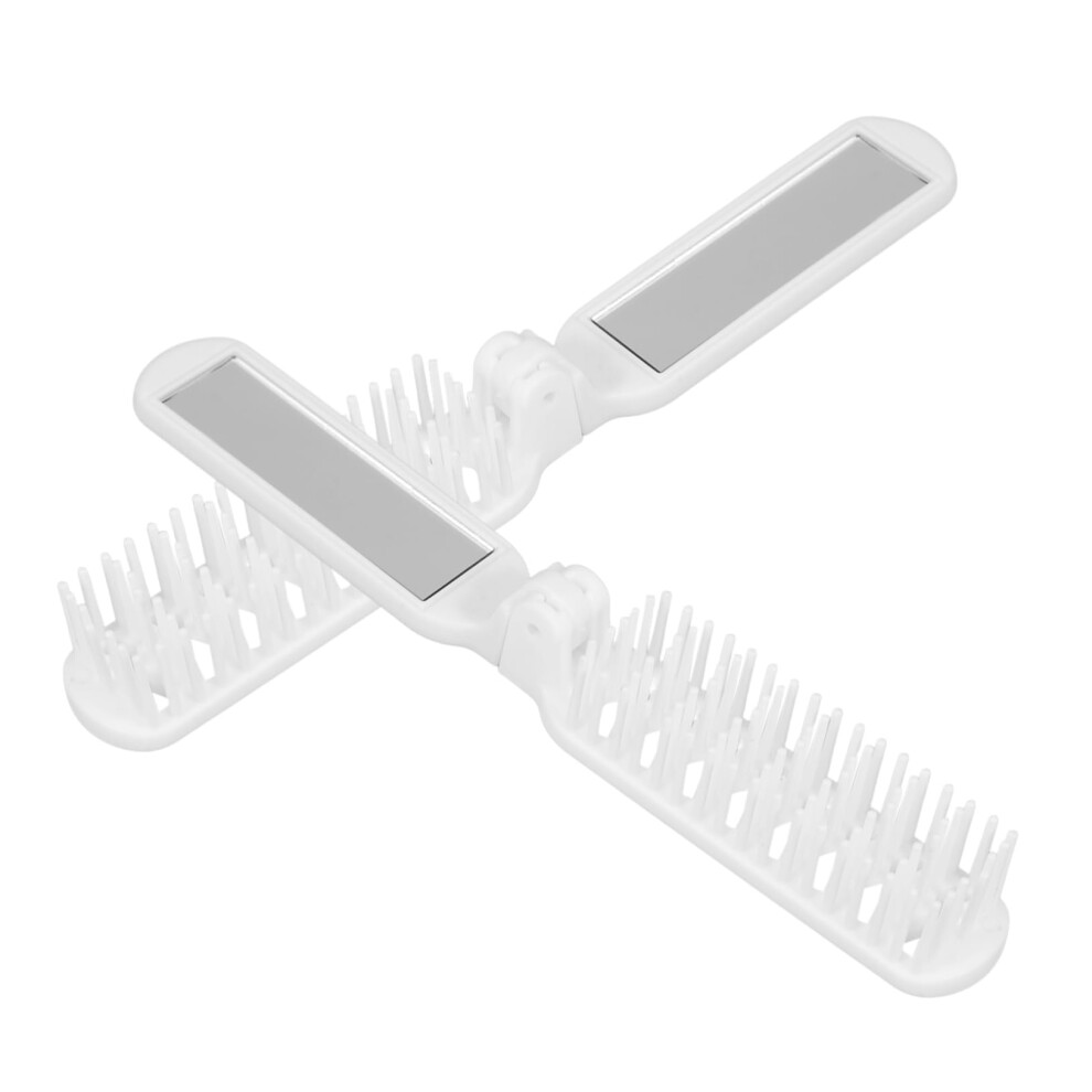Unisex White 2Pcs Folding Hair Comb With Mirror, Compact Travel Brush For Curly And Straight Hair Styling