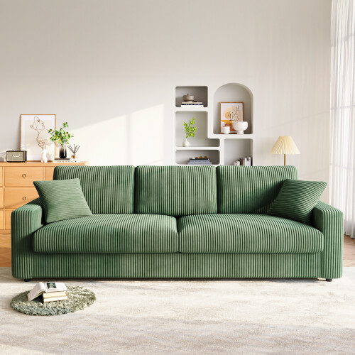 256cm 4 Seater Modern Corduroy Sofa with 2 Throw Pillows for Living Room