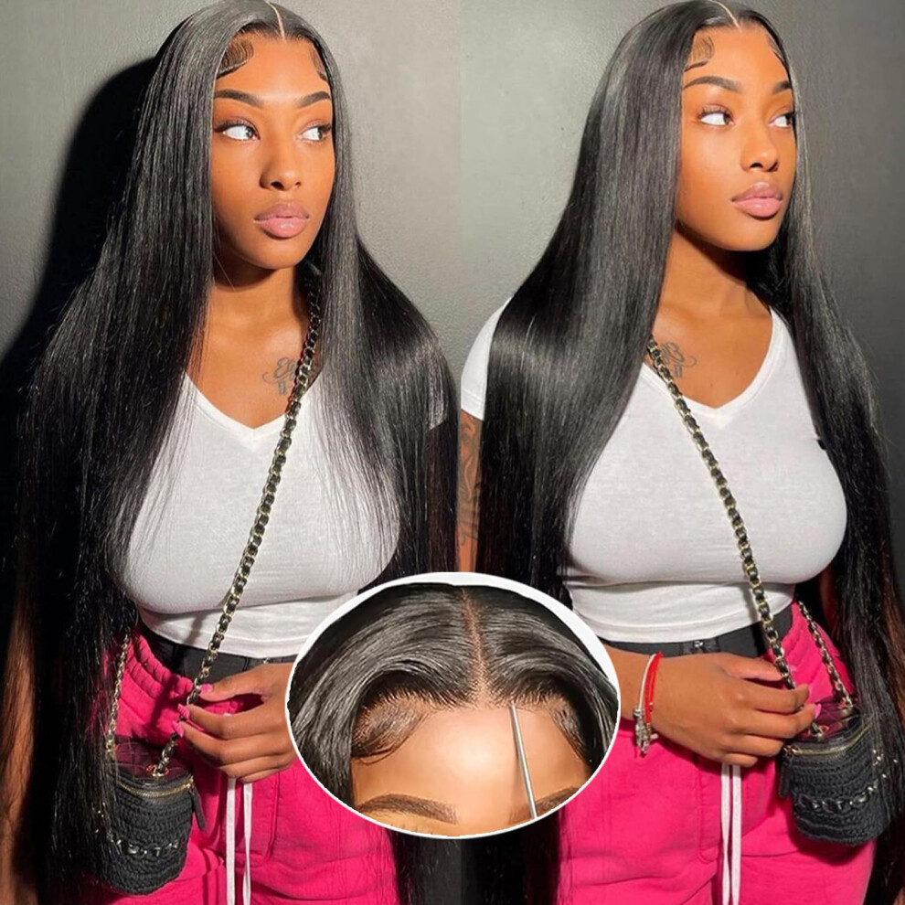 36 Inch Human Hair Wig HD Lace Closure 220 Density Glueless Pre Plucked Brazilian Straight Wig
