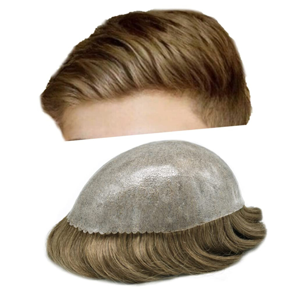 Unisex Dark Mens Toupee Human Hair Hairpiece With Thin Skin Pu Base, 7X9 Ash Blonde, Natural Look