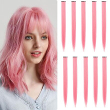 Extensiones de cabello sintético liso de 56 cm (22") con clip, para niñas y mujeres, color rosa princesa (10 unidades) - compatibles con mechas
