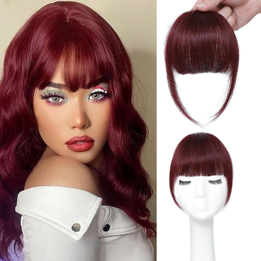 Clip in Bangs Human Hair Burgundy French Fringe with Temples Heat Styling Friendly Hairpiece